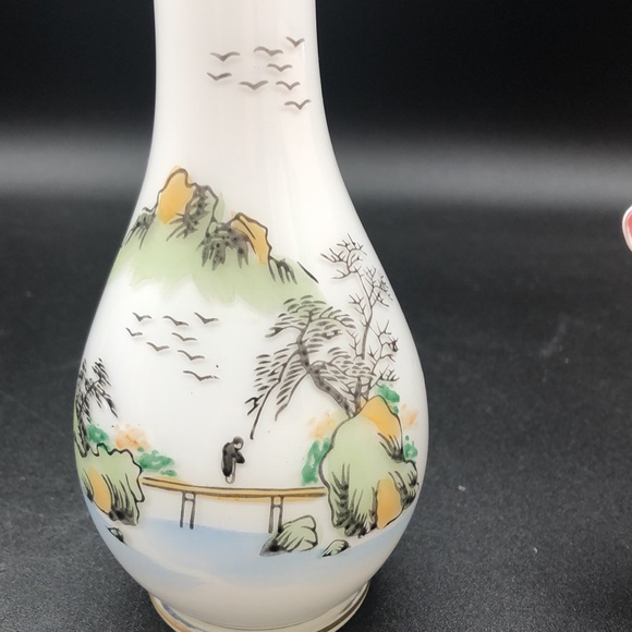 Unique Hand Painted Chinese Landscape Milk Glass Bud Vase with Gold Rim - Picture 5 of 7